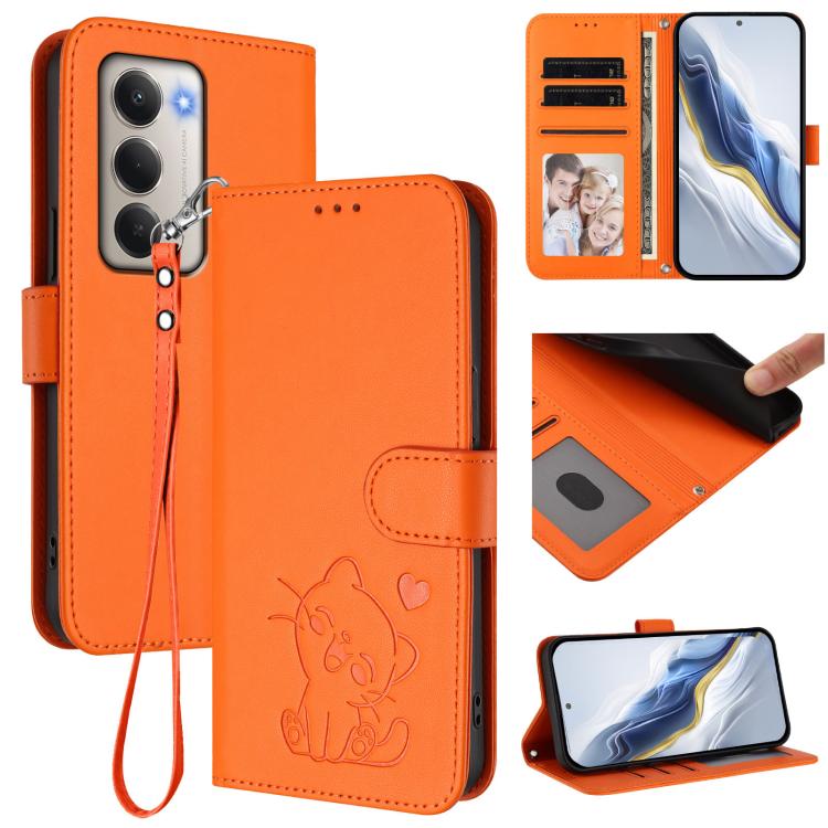 Embossed Heart Cat Leather Phone Case with Hand Strap, For Redmi 15C 5G / 4G EU 173mm / Poco C85 5G, For Xiaomi Poco M7 4G 169mm, For Redmi 15 5G Global / 15 4G SEA 169.5mm, For Redmi 15 5G / 4G EU 171mm
