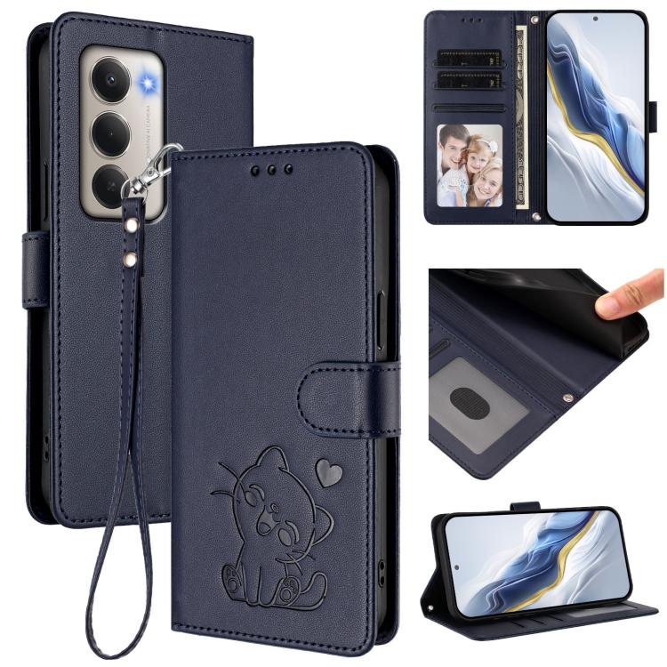 Embossed Heart Cat Leather Phone Case with Hand Strap, For Redmi 15C 5G / 4G EU 173mm / Poco C85 5G, For Xiaomi Poco M7 4G 169mm, For Redmi 15 5G Global / 15 4G SEA 169.5mm, For Redmi 15 5G / 4G EU 171mm