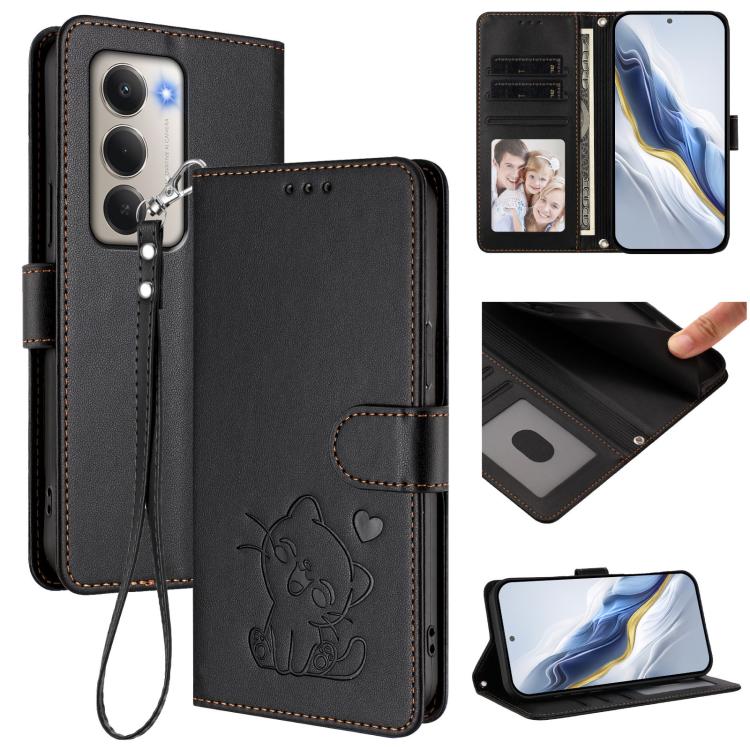 Embossed Heart Cat Leather Phone Case with Hand Strap, For Redmi 15C 5G / 4G EU 173mm / Poco C85 5G, For Xiaomi Poco M7 4G 169mm, For Redmi 15 5G Global / 15 4G SEA 169.5mm, For Redmi 15 5G / 4G EU 171mm