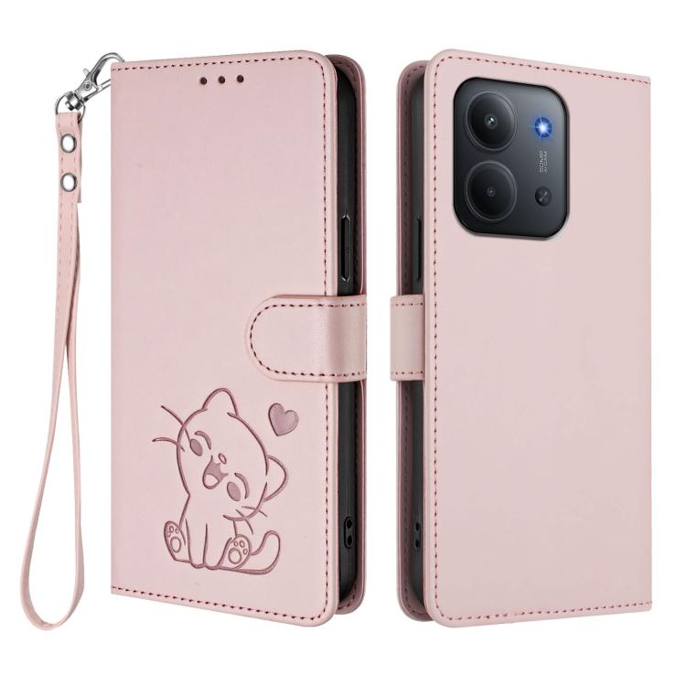 Embossed Heart Cat Leather Phone Case with Hand Strap, For Redmi 15C 5G / 4G Global 171mm / Poco C85 4G, For Redmi 13 4G / 5G / 13x / Xiaomi Poco M6 4G, For Redmi A5 4G 173.3mm, For Redmi Note 14S 4G / 13 Pro 4G Global