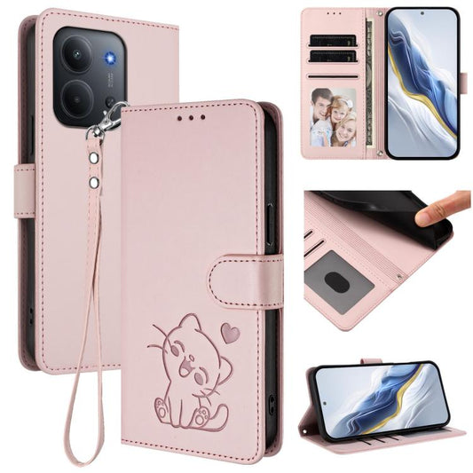 Embossed Heart Cat Leather Phone Case with Hand Strap, For Redmi 15C 5G / 4G EU 173mm / Poco C85 5G, For Xiaomi Poco M7 4G 169mm, For Redmi 15 5G Global / 15 4G SEA 169.5mm, For Redmi 15 5G / 4G EU 171mm