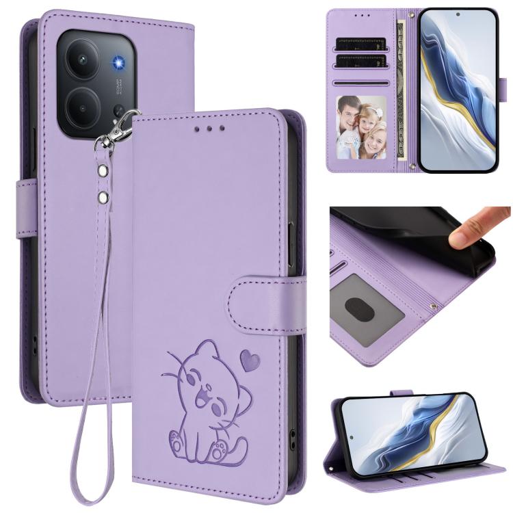 Embossed Heart Cat Leather Phone Case with Hand Strap, For Redmi 15C 5G / 4G EU 173mm / Poco C85 5G, For Xiaomi Poco M7 4G 169mm, For Redmi 15 5G Global / 15 4G SEA 169.5mm, For Redmi 15 5G / 4G EU 171mm