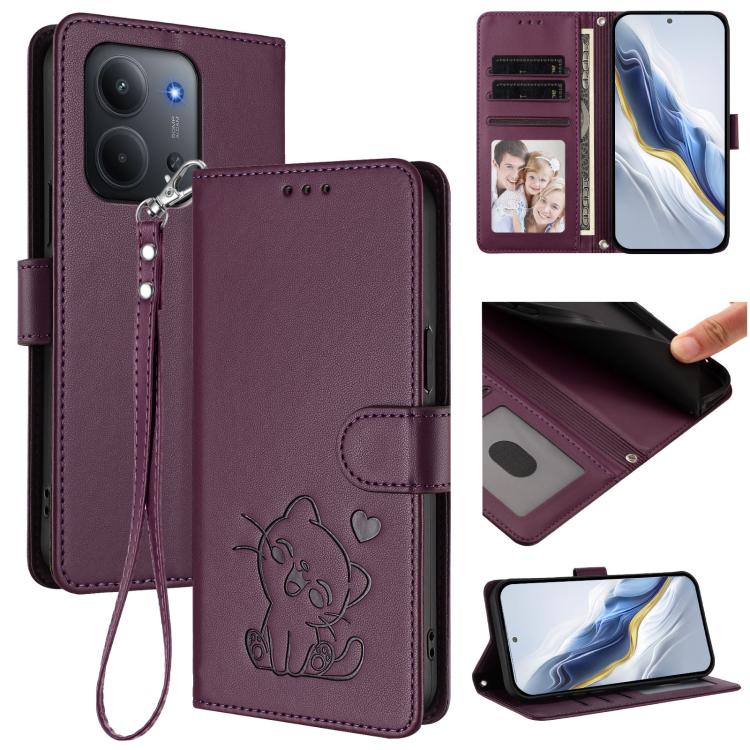 Embossed Heart Cat Leather Phone Case with Hand Strap, For Redmi 15C 5G / 4G EU 173mm / Poco C85 5G, For Xiaomi Poco M7 4G 169mm, For Redmi 15 5G Global / 15 4G SEA 169.5mm, For Redmi 15 5G / 4G EU 171mm
