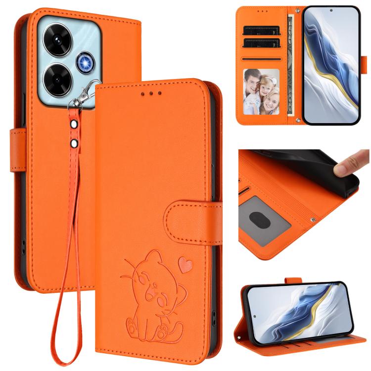 Embossed Heart Cat Leather Phone Case with Hand Strap, For Redmi 15C 5G / 4G Global 171mm / Poco C85 4G, For Redmi 13 4G / 5G / 13x / Xiaomi Poco M6 4G, For Redmi A5 4G 173.3mm, For Redmi Note 14S 4G / 13 Pro 4G Global