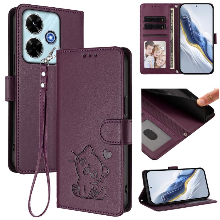 Embossed Heart Cat Leather Phone Case with Hand Strap, For Redmi 15C 5G / 4G Global 171mm / Poco C85 4G, For Redmi 13 4G / 5G / 13x / Xiaomi Poco M6 4G, For Redmi A5 4G 173.3mm, For Redmi Note 14S 4G / 13 Pro 4G Global