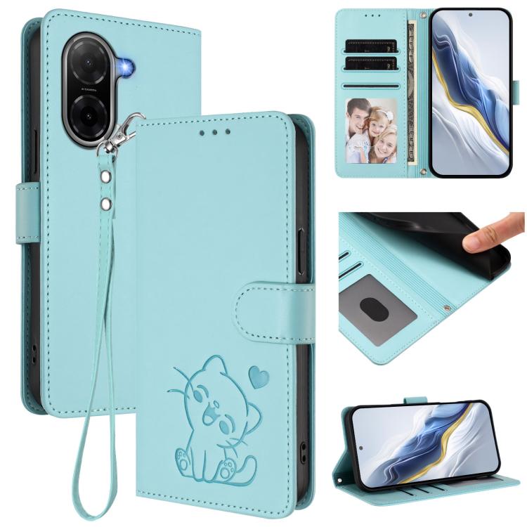 Embossed Heart Cat Leather Phone Case with Hand Strap, For Redmi 15C 5G / 4G Global 171mm / Poco C85 4G, For Redmi 13 4G / 5G / 13x / Xiaomi Poco M6 4G, For Redmi A5 4G 173.3mm, For Redmi Note 14S 4G / 13 Pro 4G Global