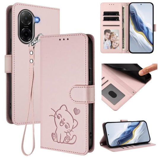 Embossed Heart Cat Leather Phone Case with Hand Strap, For Redmi A5 4G 171.7mm / Xiaomi Poco C71, For Redmi K90 Max 5G, For Redmi A7 Pro 4G / 5G 171mm / Poco C85x 5G, For Redmi 15a 5G