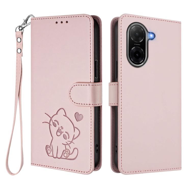 Embossed Heart Cat Leather Phone Case with Hand Strap, For Redmi A5 4G 171.7mm / Xiaomi Poco C71, For Redmi K90 Max 5G, For Redmi A7 Pro 4G / 5G 171mm / Poco C85x 5G, For Redmi 15a 5G