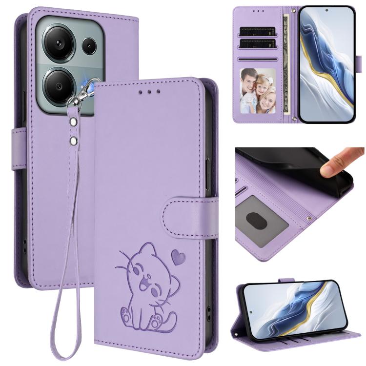 Embossed Heart Cat Leather Phone Case with Hand Strap, For Redmi 15C 5G / 4G Global 171mm / Poco C85 4G, For Redmi 13 4G / 5G / 13x / Xiaomi Poco M6 4G, For Redmi A5 4G 173.3mm, For Redmi Note 14S 4G / 13 Pro 4G Global