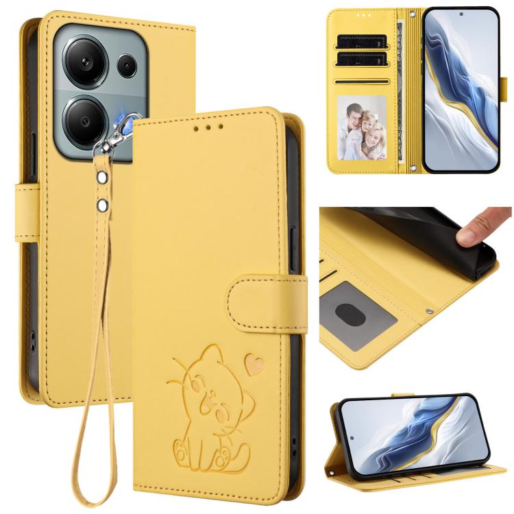 Embossed Heart Cat Leather Phone Case with Hand Strap, For Redmi 15C 5G / 4G Global 171mm / Poco C85 4G, For Redmi 13 4G / 5G / 13x / Xiaomi Poco M6 4G, For Redmi A5 4G 173.3mm, For Redmi Note 14S 4G / 13 Pro 4G Global