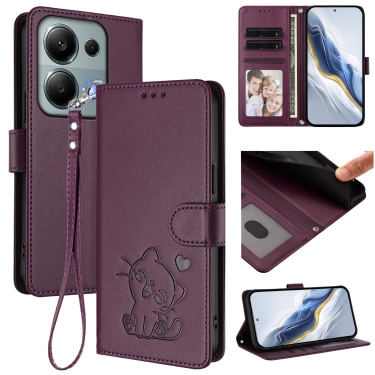 Embossed Heart Cat Leather Phone Case with Hand Strap, For Redmi 15C 5G / 4G Global 171mm / Poco C85 4G, For Redmi 13 4G / 5G / 13x / Xiaomi Poco M6 4G, For Redmi A5 4G 173.3mm, For Redmi Note 14S 4G / 13 Pro 4G Global