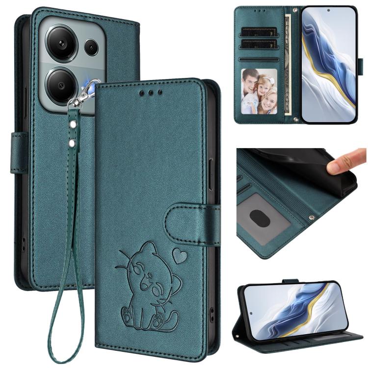 Embossed Heart Cat Leather Phone Case with Hand Strap, For Redmi 15C 5G / 4G Global 171mm / Poco C85 4G, For Redmi 13 4G / 5G / 13x / Xiaomi Poco M6 4G, For Redmi A5 4G 173.3mm, For Redmi Note 14S 4G / 13 Pro 4G Global