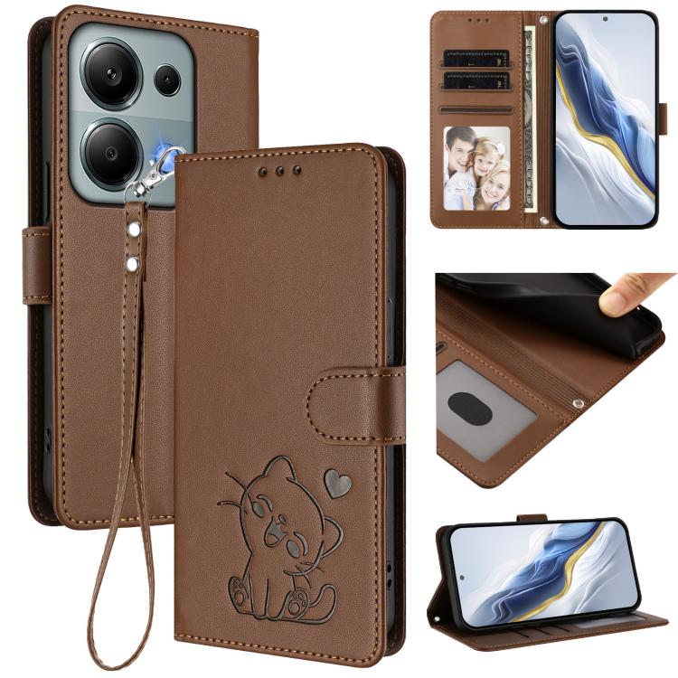Embossed Heart Cat Leather Phone Case with Hand Strap, For Redmi 15C 5G / 4G Global 171mm / Poco C85 4G, For Redmi 13 4G / 5G / 13x / Xiaomi Poco M6 4G, For Redmi A5 4G 173.3mm, For Redmi Note 14S 4G / 13 Pro 4G Global