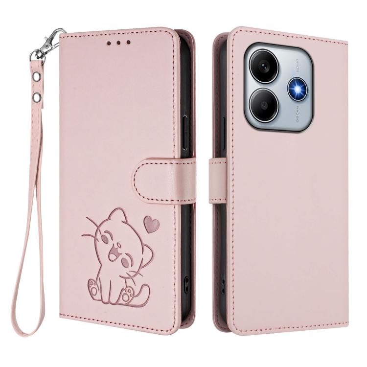 Embossed Heart Cat Leather Phone Case with Hand Strap, For Redmi Note 14 4G 164.84mm, For Redmi Note 14 Pro 5G India / Note 14 Pro+, For Redmi Note 14 5G India / Xiaomi M7 Pro 5G, For Redmi Note 14 Pro 4G Global