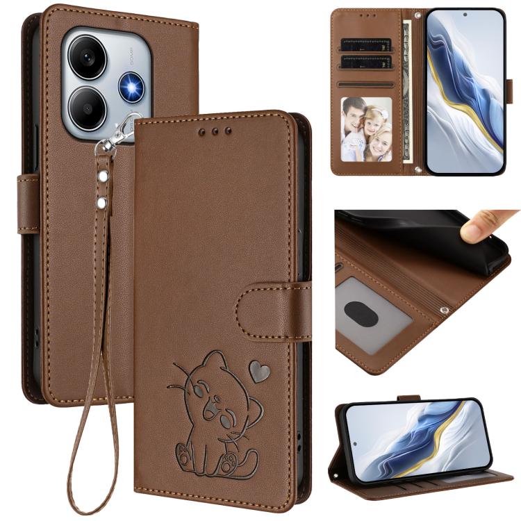 Embossed Heart Cat Leather Phone Case with Hand Strap, For Redmi Note 14 4G 164.84mm, For Redmi Note 14 Pro 5G India / Note 14 Pro+, For Redmi Note 14 5G India / Xiaomi M7 Pro 5G, For Redmi Note 14 Pro 4G Global