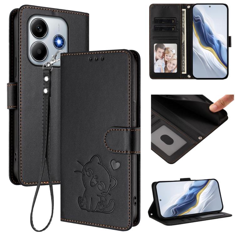Embossed Heart Cat Leather Phone Case with Hand Strap, For Redmi Note 14 4G 164.84mm, For Redmi Note 14 Pro 5G India / Note 14 Pro+, For Redmi Note 14 5G India / Xiaomi M7 Pro 5G, For Redmi Note 14 Pro 4G Global