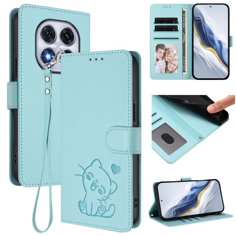 Embossed Heart Cat Leather Phone Case with Hand Strap, For Redmi Note 14 4G 164.84mm, For Redmi Note 14 Pro 5G India / Note 14 Pro+, For Redmi Note 14 5G India / Xiaomi M7 Pro 5G, For Redmi Note 14 Pro 4G Global