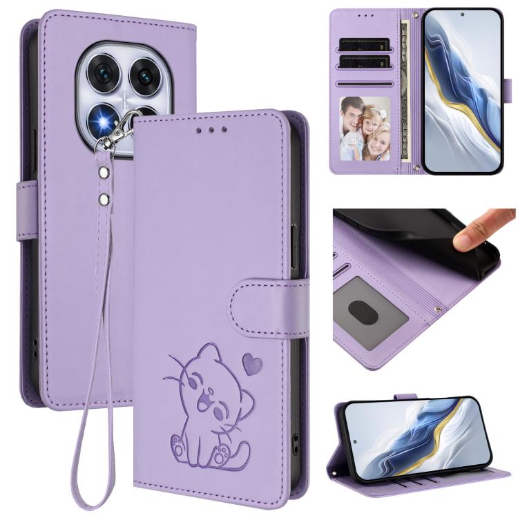 Embossed Heart Cat Leather Phone Case with Hand Strap, For Redmi Note 14 4G 164.84mm, For Redmi Note 14 Pro 5G India / Note 14 Pro+, For Redmi Note 14 5G India / Xiaomi M7 Pro 5G, For Redmi Note 14 Pro 4G Global