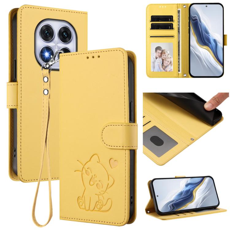 Embossed Heart Cat Leather Phone Case with Hand Strap, For Redmi Note 14 4G 164.84mm, For Redmi Note 14 Pro 5G India / Note 14 Pro+, For Redmi Note 14 5G India / Xiaomi M7 Pro 5G, For Redmi Note 14 Pro 4G Global