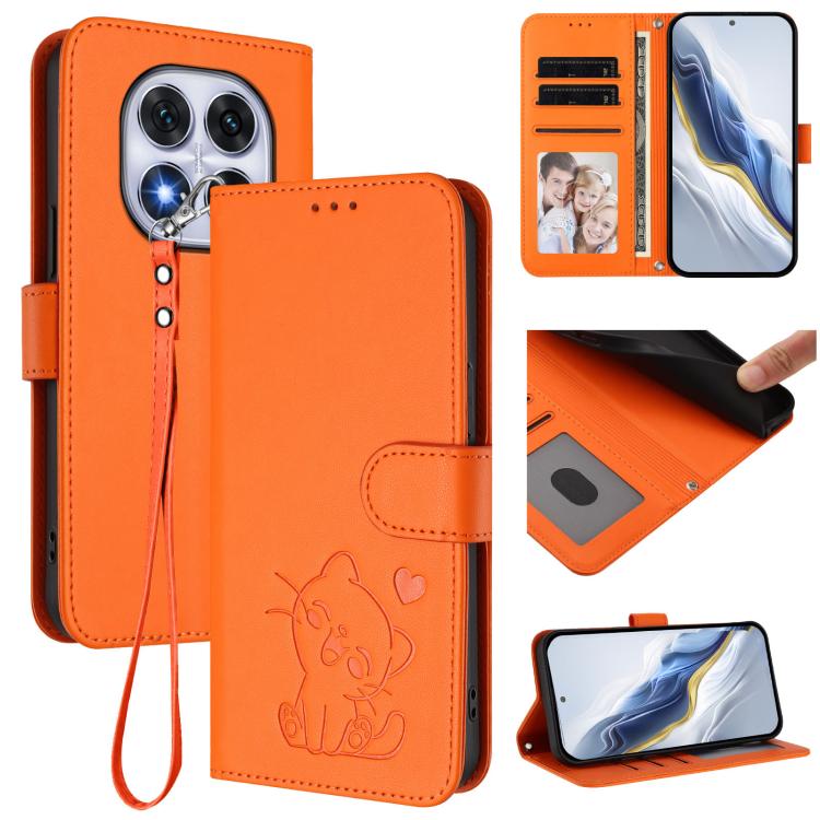 Embossed Heart Cat Leather Phone Case with Hand Strap, For Redmi Note 14 4G 164.84mm, For Redmi Note 14 Pro 5G India / Note 14 Pro+, For Redmi Note 14 5G India / Xiaomi M7 Pro 5G, For Redmi Note 14 Pro 4G Global