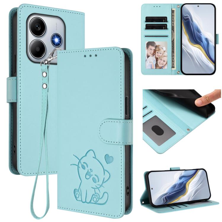 Embossed Heart Cat Leather Phone Case with Hand Strap, For Redmi Note 14 4G 164.84mm, For Redmi Note 14 Pro 5G India / Note 14 Pro+, For Redmi Note 14 5G India / Xiaomi M7 Pro 5G, For Redmi Note 14 Pro 4G Global