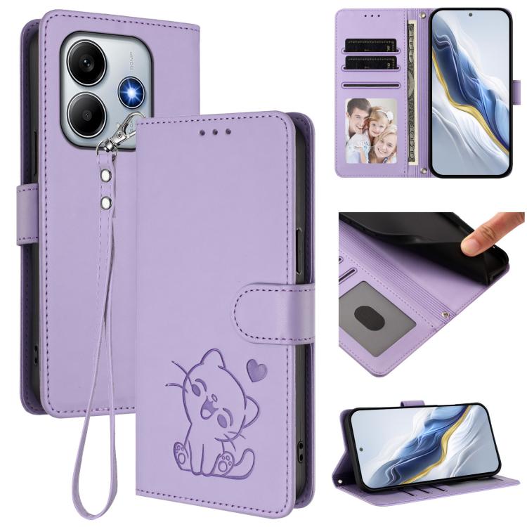Embossed Heart Cat Leather Phone Case with Hand Strap, For Redmi Note 14 4G 164.84mm, For Redmi Note 14 Pro 5G India / Note 14 Pro+, For Redmi Note 14 5G India / Xiaomi M7 Pro 5G, For Redmi Note 14 Pro 4G Global