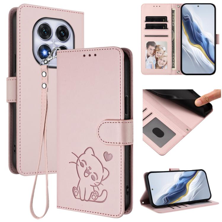 Embossed Heart Cat Leather Phone Case with Hand Strap, For Redmi Note 14 4G 164.84mm, For Redmi Note 14 Pro 5G India / Note 14 Pro+, For Redmi Note 14 5G India / Xiaomi M7 Pro 5G, For Redmi Note 14 Pro 4G Global