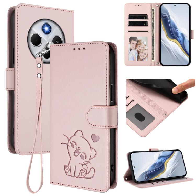 Embossed Heart Cat Leather Phone Case with Hand Strap, For Redmi Note 14 4G 163.25mm, For Redmi A4 5G / A3 Pro / 14C 4G / 14R, For Redmi K70 Ultra 5G, For Redmi A3 4G / A3x / Xiaomi Poco C61