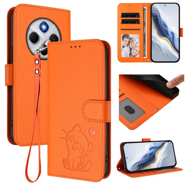 Embossed Heart Cat Leather Phone Case with Hand Strap, For Redmi Note 14 4G 163.25mm, For Redmi A4 5G / A3 Pro / 14C 4G / 14R, For Redmi K70 Ultra 5G, For Redmi A3 4G / A3x / Xiaomi Poco C61