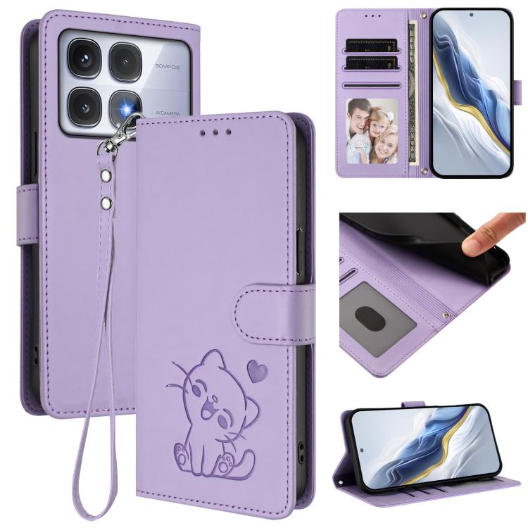 Embossed Heart Cat Leather Phone Case with Hand Strap, For Redmi Note 14 4G 163.25mm, For Redmi A4 5G / A3 Pro / 14C 4G / 14R, For Redmi K70 Ultra 5G, For Redmi A3 4G / A3x / Xiaomi Poco C61