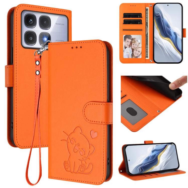 Embossed Heart Cat Leather Phone Case with Hand Strap, For Redmi Note 14 4G 163.25mm, For Redmi A4 5G / A3 Pro / 14C 4G / 14R, For Redmi K70 Ultra 5G, For Redmi A3 4G / A3x / Xiaomi Poco C61