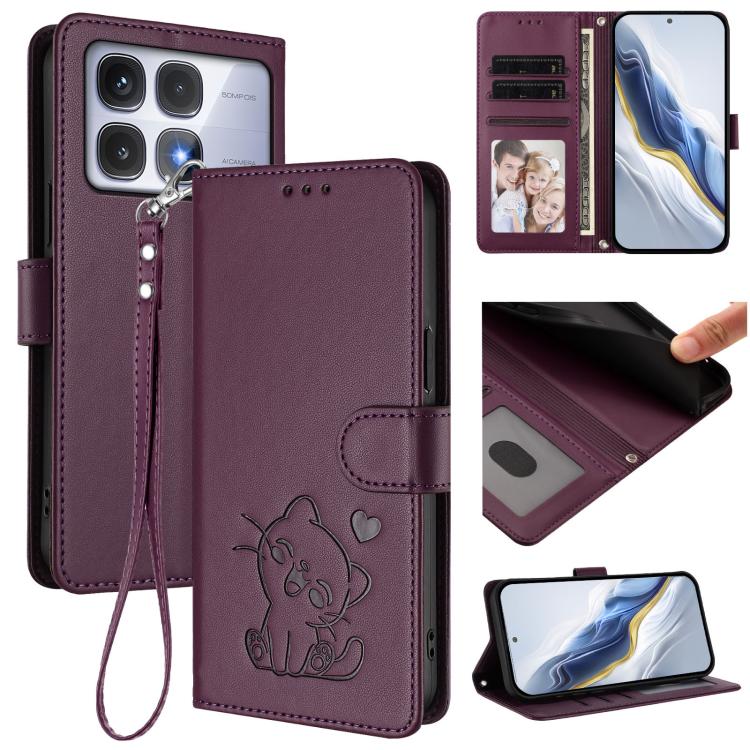 Embossed Heart Cat Leather Phone Case with Hand Strap, For Redmi Note 14 4G 163.25mm, For Redmi A4 5G / A3 Pro / 14C 4G / 14R, For Redmi K70 Ultra 5G, For Redmi A3 4G / A3x / Xiaomi Poco C61