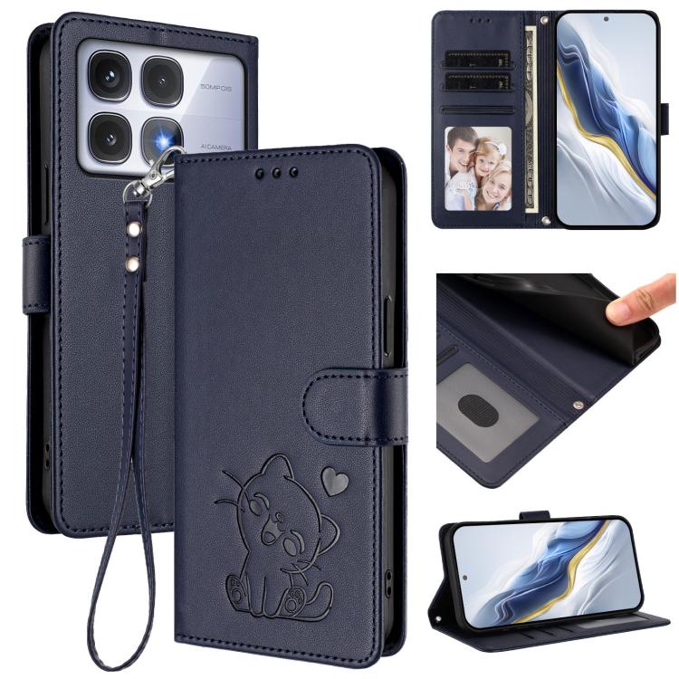 Embossed Heart Cat Leather Phone Case with Hand Strap, For Redmi Note 14 4G 163.25mm, For Redmi A4 5G / A3 Pro / 14C 4G / 14R, For Redmi K70 Ultra 5G, For Redmi A3 4G / A3x / Xiaomi Poco C61