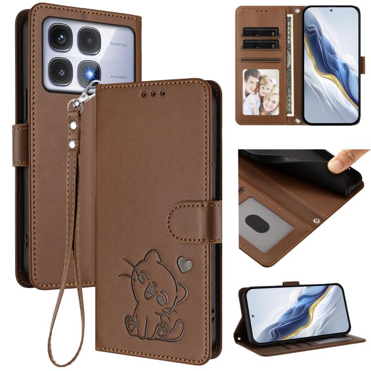 Embossed Heart Cat Leather Phone Case with Hand Strap, For Redmi Note 14 4G 163.25mm, For Redmi A4 5G / A3 Pro / 14C 4G / 14R, For Redmi K70 Ultra 5G, For Redmi A3 4G / A3x / Xiaomi Poco C61