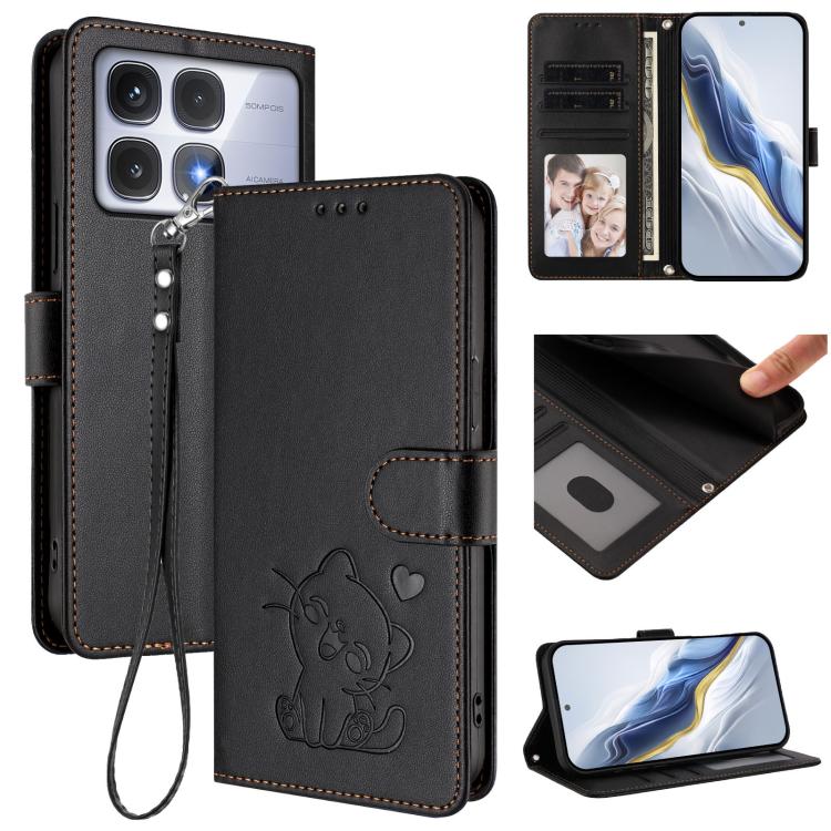 Embossed Heart Cat Leather Phone Case with Hand Strap, For Redmi Note 14 4G 163.25mm, For Redmi A4 5G / A3 Pro / 14C 4G / 14R, For Redmi K70 Ultra 5G, For Redmi A3 4G / A3x / Xiaomi Poco C61
