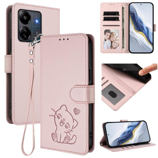 Embossed Heart Cat Leather Phone Case with Hand Strap, For Redmi 13C 4G / 5G / Xiaomi Poco C65, For Redmi Note 13 4G Global, For Redmi Note 13 Pro 5G Global, For Redmi Note 13 5G Global