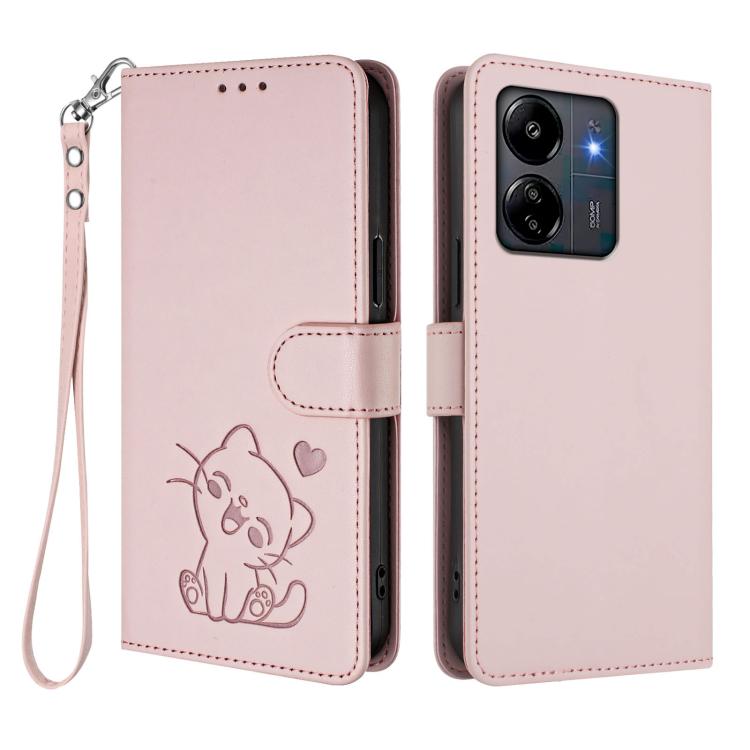 Embossed Heart Cat Leather Phone Case with Hand Strap, For Redmi 13C 4G / 5G / Xiaomi Poco C65, For Redmi Note 13 4G Global, For Redmi Note 13 Pro 5G Global, For Redmi Note 13 5G Global