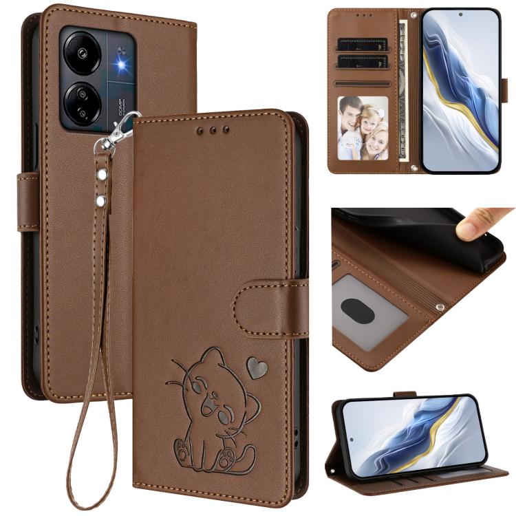 Embossed Heart Cat Leather Phone Case with Hand Strap, For Redmi 13C 4G / 5G / Xiaomi Poco C65, For Redmi Note 13 4G Global, For Redmi Note 13 Pro 5G Global, For Redmi Note 13 5G Global