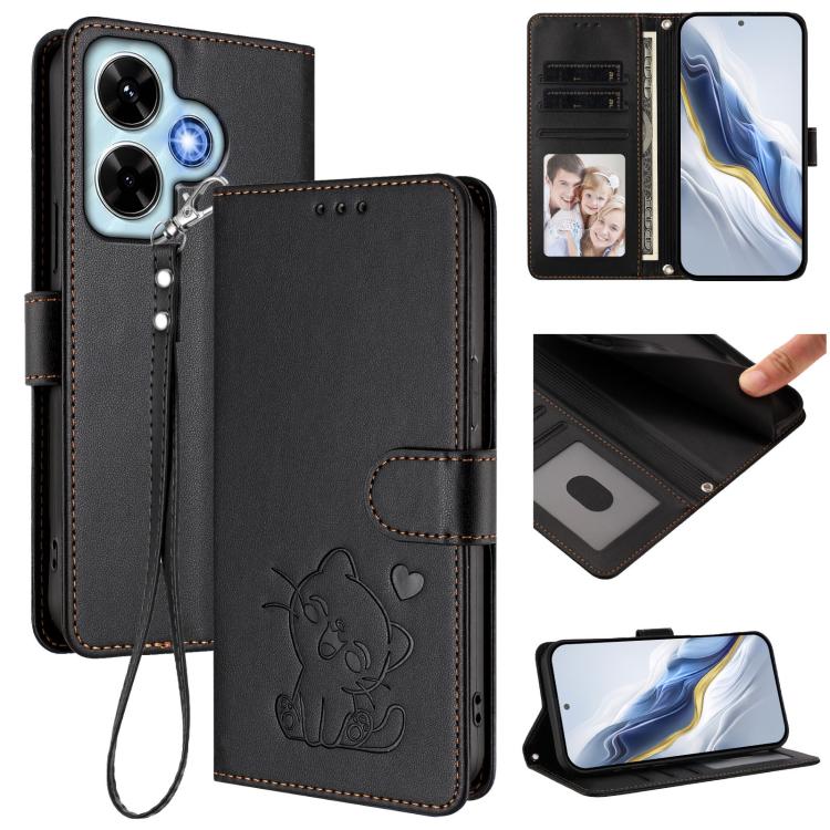 Embossed Heart Cat Leather Phone Case with Hand Strap, For Redmi 13C 4G / 5G / Xiaomi Poco C65, For Redmi Note 13 4G Global, For Redmi Note 13 Pro 5G Global, For Redmi Note 13 5G Global