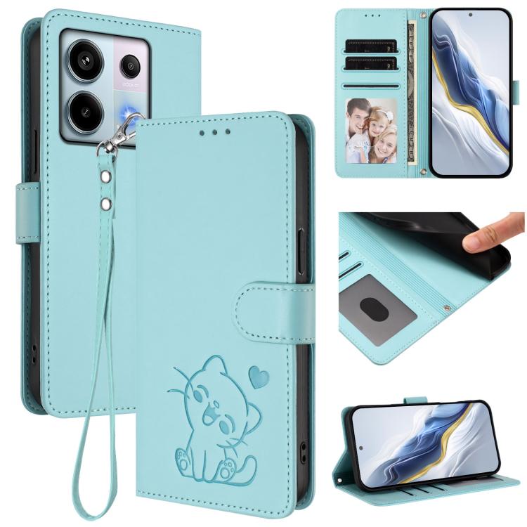 Embossed Heart Cat Leather Phone Case with Hand Strap, For Redmi 13C 4G / 5G / Xiaomi Poco C65, For Redmi Note 13 4G Global, For Redmi Note 13 Pro 5G Global, For Redmi Note 13 5G Global