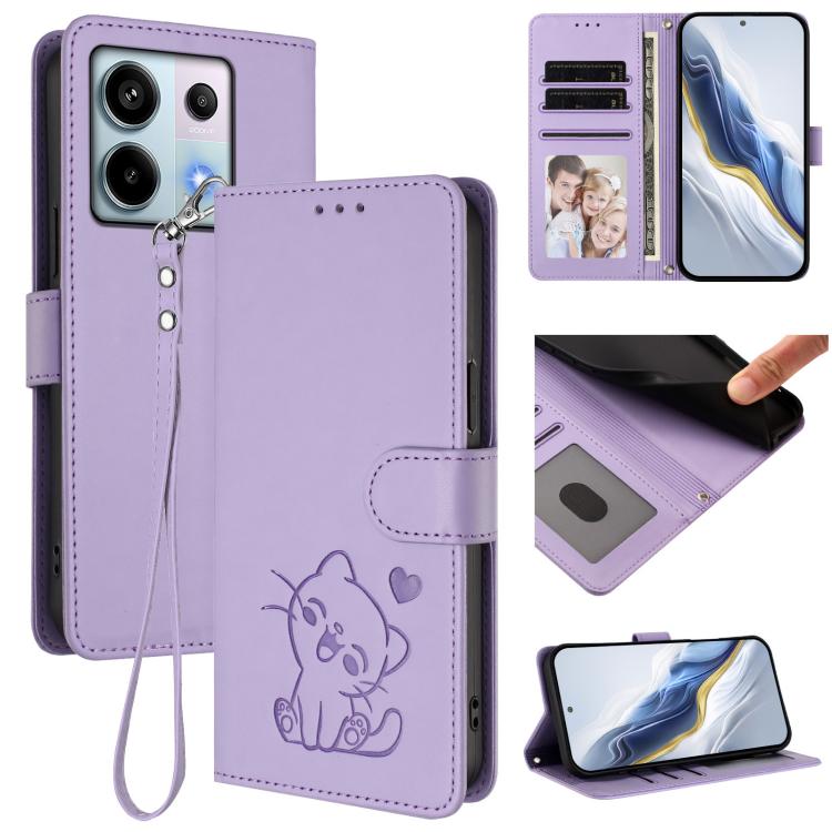 Embossed Heart Cat Leather Phone Case with Hand Strap, For Redmi 13C 4G / 5G / Xiaomi Poco C65, For Redmi Note 13 4G Global, For Redmi Note 13 Pro 5G Global, For Redmi Note 13 5G Global