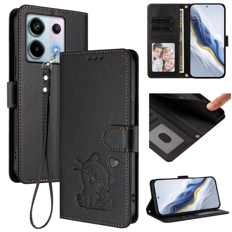Embossed Heart Cat Leather Phone Case with Hand Strap, For Redmi 13C 4G / 5G / Xiaomi Poco C65, For Redmi Note 13 4G Global, For Redmi Note 13 Pro 5G Global, For Redmi Note 13 5G Global