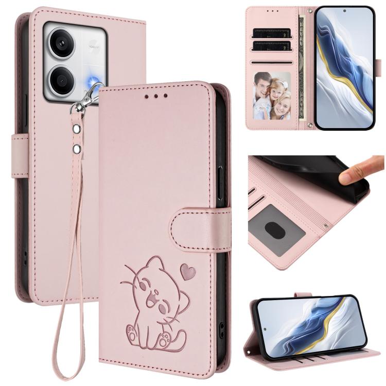 Embossed Heart Cat Leather Phone Case with Hand Strap, For Redmi 13C 4G / 5G / Xiaomi Poco C65, For Redmi Note 13 4G Global, For Redmi Note 13 Pro 5G Global, For Redmi Note 13 5G Global