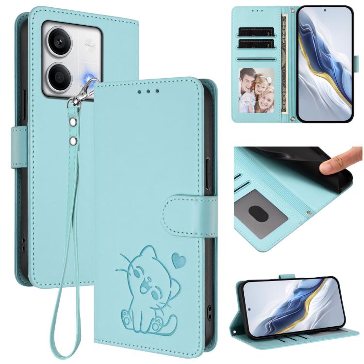 Embossed Heart Cat Leather Phone Case with Hand Strap, For Redmi 13C 4G / 5G / Xiaomi Poco C65, For Redmi Note 13 4G Global, For Redmi Note 13 Pro 5G Global, For Redmi Note 13 5G Global