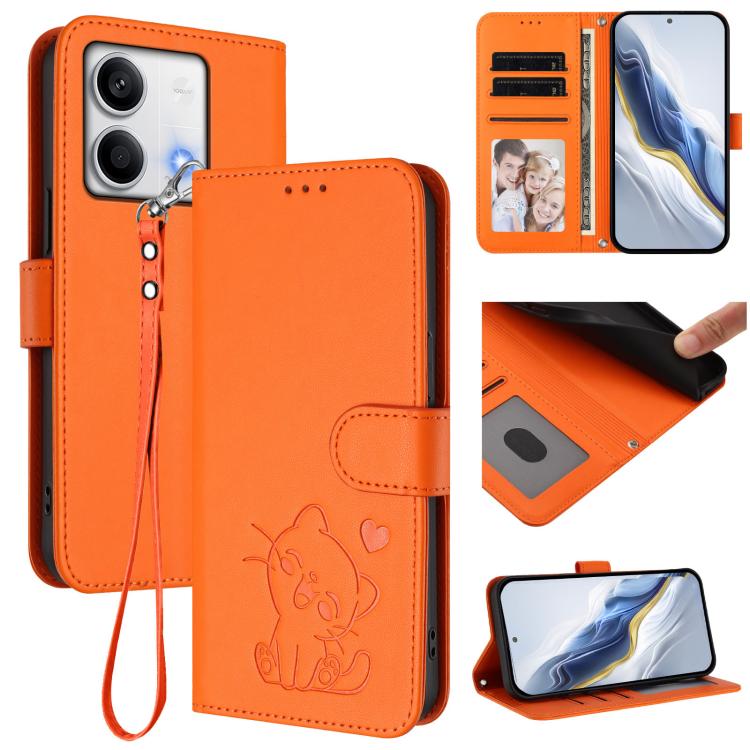 Embossed Heart Cat Leather Phone Case with Hand Strap, For Redmi 13C 4G / 5G / Xiaomi Poco C65, For Redmi Note 13 4G Global, For Redmi Note 13 Pro 5G Global, For Redmi Note 13 5G Global