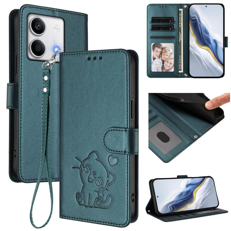 Embossed Heart Cat Leather Phone Case with Hand Strap, For Redmi 13C 4G / 5G / Xiaomi Poco C65, For Redmi Note 13 4G Global, For Redmi Note 13 Pro 5G Global, For Redmi Note 13 5G Global