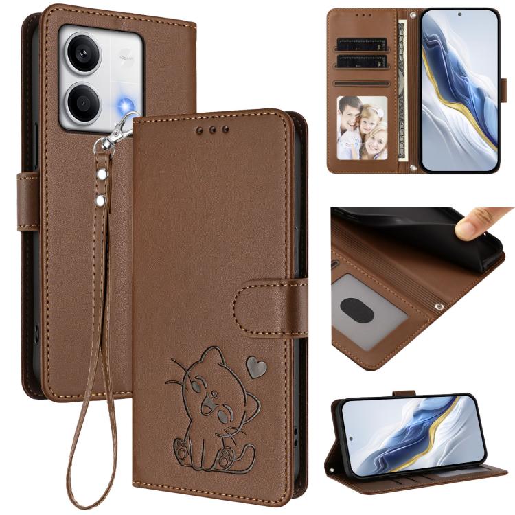 Embossed Heart Cat Leather Phone Case with Hand Strap, For Redmi 13C 4G / 5G / Xiaomi Poco C65, For Redmi Note 13 4G Global, For Redmi Note 13 Pro 5G Global, For Redmi Note 13 5G Global