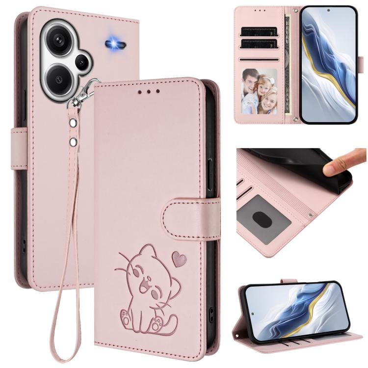 Embossed Heart Cat Leather Phone Case with Hand Strap, For Redmi Note 13 Pro+ 5G Global, For Redmi 12 4G / 5G / Note 12R, For Redmi K50i / Note 12T Pro, For Redmi Note 12 Turbo 5G / Xiaomi Poco F5