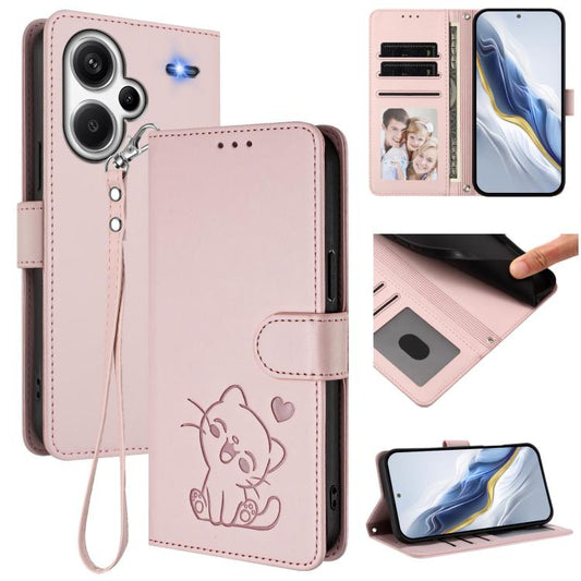 Embossed Heart Cat Leather Phone Case with Hand Strap, For Redmi Note 13 Pro+ 5G Global, For Redmi 12 4G / 5G / Note 12R, For Redmi K50i / Note 12T Pro, For Redmi Note 12 Turbo 5G / Xiaomi Poco F5