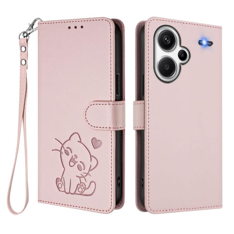 Embossed Heart Cat Leather Phone Case with Hand Strap, For Redmi Note 13 Pro+ 5G Global, For Redmi 12 4G / 5G / Note 12R, For Redmi K50i / Note 12T Pro, For Redmi Note 12 Turbo 5G / Xiaomi Poco F5